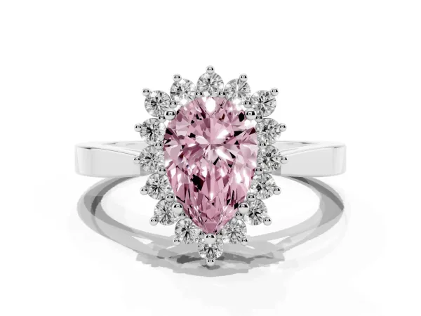 Fancy Pink Pear Cut Cut Diamond Halo Ring with Round Brilliant Halo and Solitaire Band Platinum