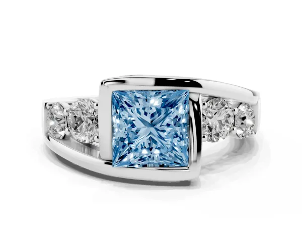 Fancy Blue Bezel Set Princess Cut Diamond Bypass Ring with Round Accents Platinum