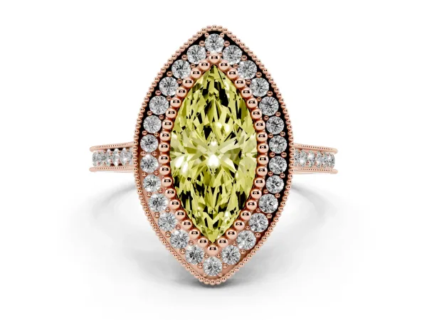 Fancy Yellow Marquise Cut Diamond Halo Ring with Milgrain Frame and Pavé Band Rose gold