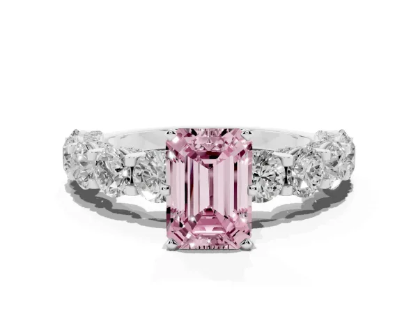 Fancy Pink Emerald Cut Diamond Side Stone Engagement Ring with Four-Prong Setting Platinum