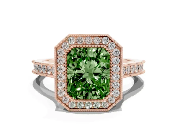 Fancy Green Halo Radiant Cut-Cut Diamond Pave Band Milgrain Prong Setting Ring Rose gold