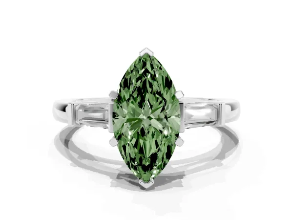 Fancy Green Marquise Cut Cut Diamond Solitaire Ring with Tapered Baguette Accents and Four-Prong Setting Platinum