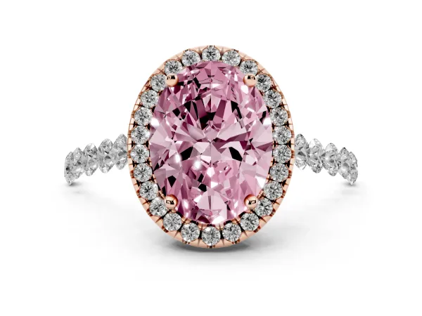 Fancy Pink Oval Cut Halo Pavé Diamond Engagement Ring with Four-Prong Setting Rose gold