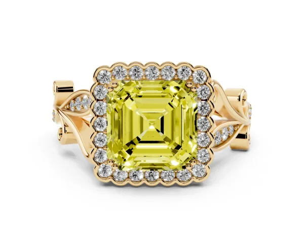 Fancy Yellow Asscher Cut Diamond Halo Ring with Vintage Split Shank and Four-Prong Setting Yellow gold