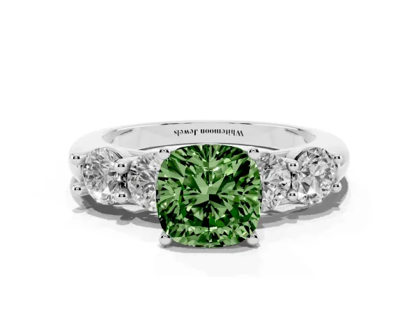 Fancy Green Cushion Cut Cut Five-Stone Prong Set Diamond Ring with Classic Band Platinum