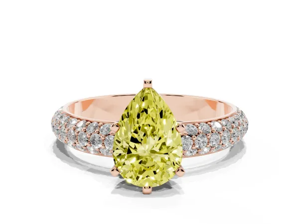 Fancy Yellow Pear Cut Diamond Solitaire Ring with Prong Setting and Pavé Band Rose gold