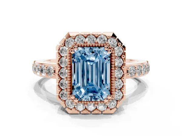 Fancy Blue Emerald Cut Diamond Halo Ring with Pavé Band and Prong Setting Rose gold