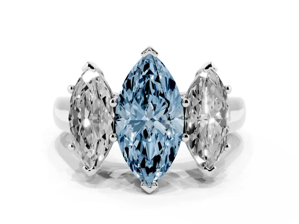Fancy Blue Marquise Cut Three-Stone Diamond Ring with Prong Setting on a Classic Band White gold