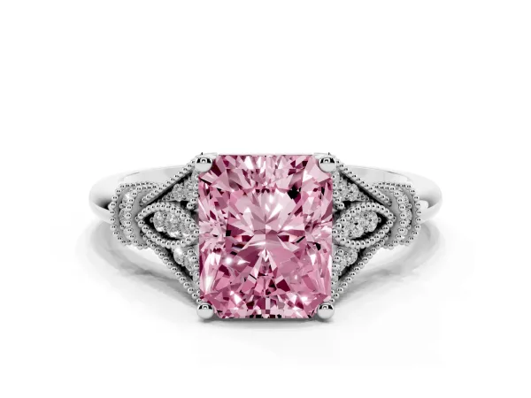 Fancy Pink Radiant Cut Diamond Solitaire Ring with Floral Filigree and Pave Accents White gold