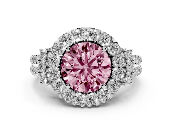 Fancy Pink Round Cut Cut Double Halo Diamond Engagement Ring with Pave Band and Four-Prong Setting White gold