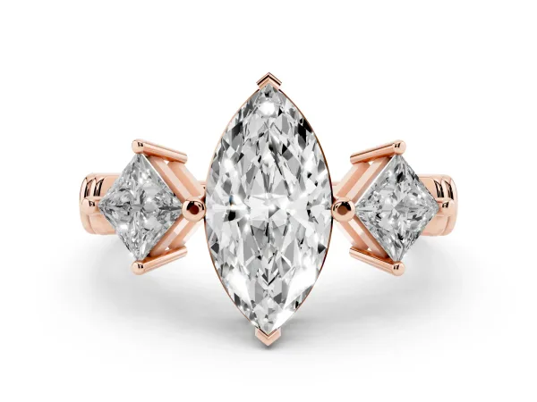 Three-Stone Marquise Cut and Princess Cut Diamond Ring with Channel Band and Four-Prong Setting Rose gold