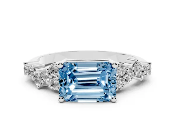 Fancy Blue Emerald Cut Diamond Scattered Round Accent Ring with Prong Setting Platinum