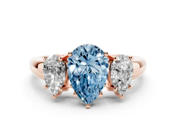 Fancy Blue Three-Stone Pear Cut Diamond Engagement Ring with Prong Setting Rose gold