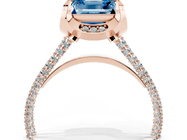 Fancy Blue Asscher Cut Solitaire Pave Split Shank Ring with Four-Prong Setting Rose gold