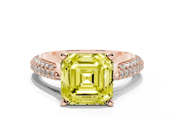 Fancy Yellow Asscher Cut Diamond Solitaire Engagement Ring with Multi-Row Round Pavé Band and Prong Setting Rose gold