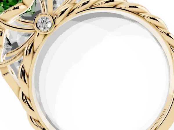Fancy Green Three-Stone Heart Cut Diamond Braided Band Ring with Four-Prong Setting Yellow gold