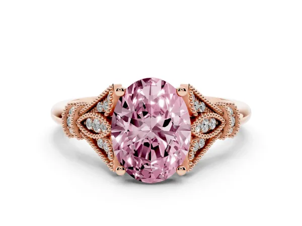 Fancy Pink Oval Cut Diamond Solitaire Ring with Floral Filigree and Pave Accents Rose gold