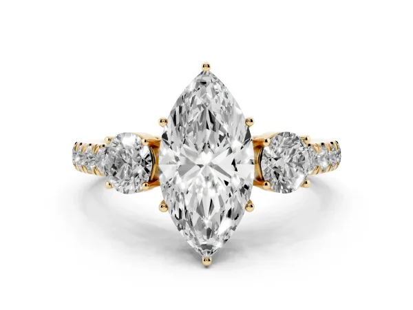 Marquise Cut Cut Diamond Three-Stone Ring with Round Side Stones and Pavé Band Yellow gold
