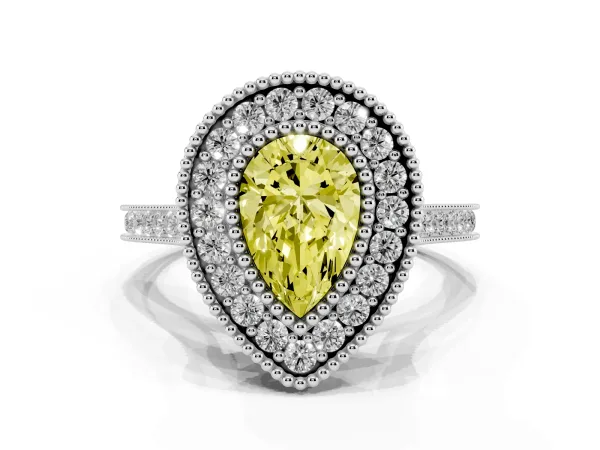 Fancy Yellow Pear Cut Diamond Halo Ring with Milgrain Frame and Pavé Band Platinum