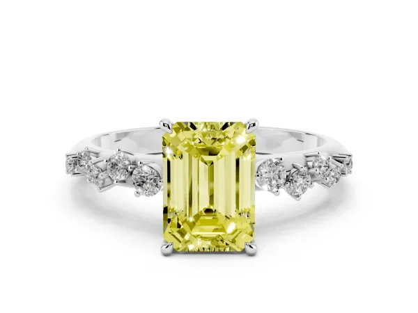 Fancy Yellow Emerald Cut Diamond Cluster Side Stone Solitaire Ring with Prong Setting Platinum