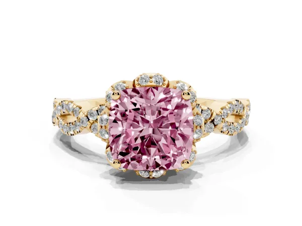 Fancy Pink Cushion Cut Halo Twist Band Solitaire Ring with Six-Prong Setting Yellow gold