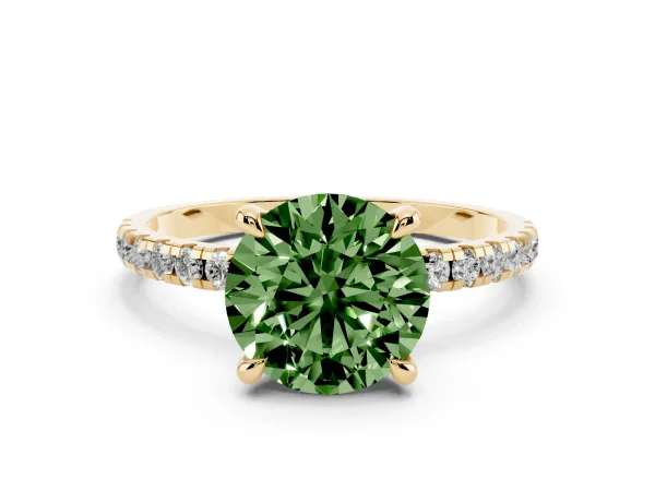 Fancy Green Round Cut Diamond Brilliant Solitaire Ring with Pavé Band and Four-Prong Setting Yellow gold