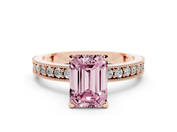 Fancy Pink Emerald Cut Diamond Milgrain Pavé Engagement Ring with Four-Prong Setting Rose gold