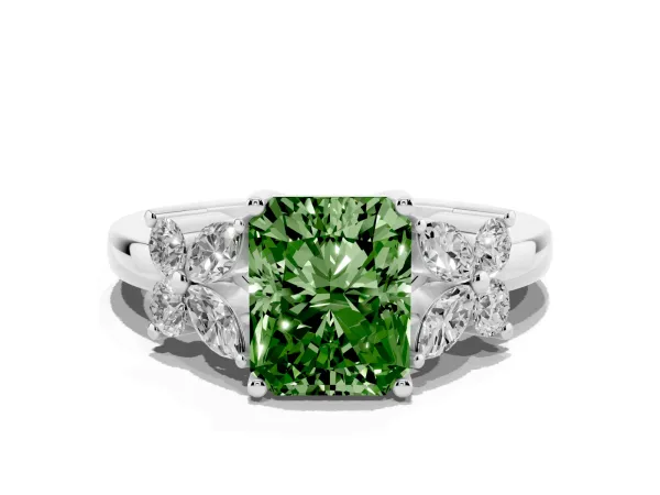 Fancy Green Radiant Cut Diamond Floral Cluster Ring with Solitaire Band and Prong Setting White gold