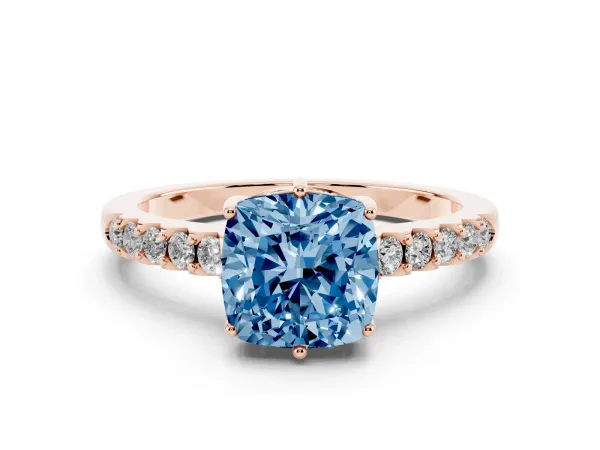 Fancy Blue Cushion Cut Solitaire Diamond Engagement Ring with Pavé Band and Six-Prong Setting Rose gold