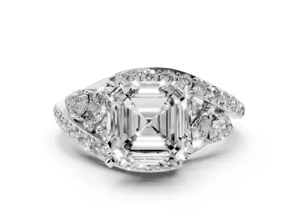 Asscher Cut Diamond Halo Ring with Marquise and Pavé Band in Prong Setting Platinum