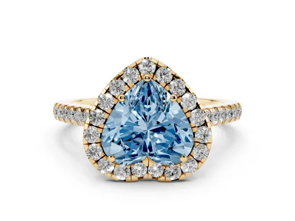 Fancy Blue Heart Cut Halo Pave Diamond Engagement Ring with Four-Prong Setting Yellow gold