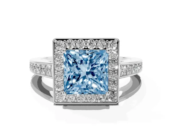 Fancy Blue Princess Cut Halo Pavé Diamond Engagement Ring with Bezel Setting Platinum