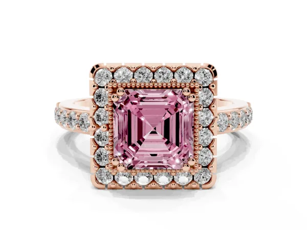 Fancy Pink Asscher Cut Diamond Halo Ring with Pavé Band and Prong Setting Rose gold