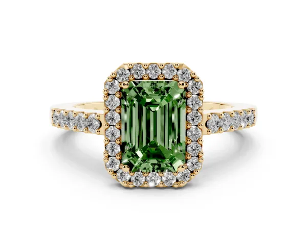 Fancy Green Emerald Cut Halo Diamond Pavé Solitaire Ring Yellow gold