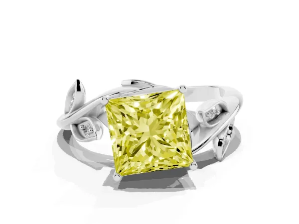 Fancy Yellow Princess Cut Solitaire Twist Engagement Ring with Leaf Accents and Prong Setting White gold