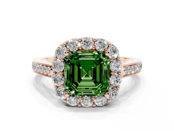 Fancy Green Asscher Cut Diamond Floral Halo Ring with Pavé Band and Prong Setting Rose gold