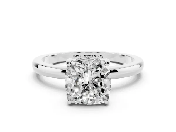 Cushion Cut Solitaire Diamond Ring with Prong Setting and Plain Band White gold