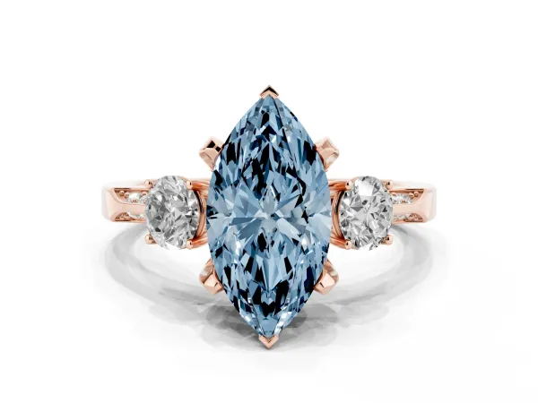 Fancy Blue Marquise Cut Brilliant Three-Stone Diamond Ring with Pavé Band and Four-Prong Setting Rose gold
