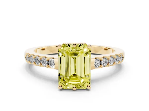 Fancy Yellow Emerald Cut Solitaire Diamond Engagement Ring with Pavé Band and Six-Prong Setting Yellow gold
