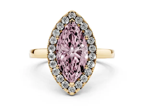 Fancy Pink Marquise Cut Halo Diamond Solitaire with Pavé Band and Four-Prong Setting Yellow gold