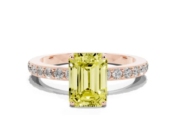 Fancy Yellow Emerald Cut Diamond Solitaire Engagement Ring with Pavé Band and Four-Prong Setting Rose gold