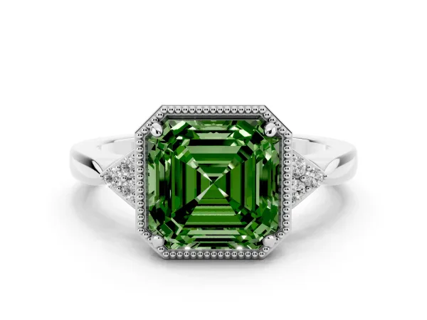 Fancy Green Hexagonal Halo Asscher Cut Diamond Solitaire with Pavé Band and Four-Prong Setting White gold