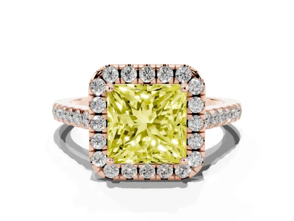 Fancy Yellow Princess Cut Halo Pavé Diamond Engagement Ring with Four-Prong Setting Rose gold