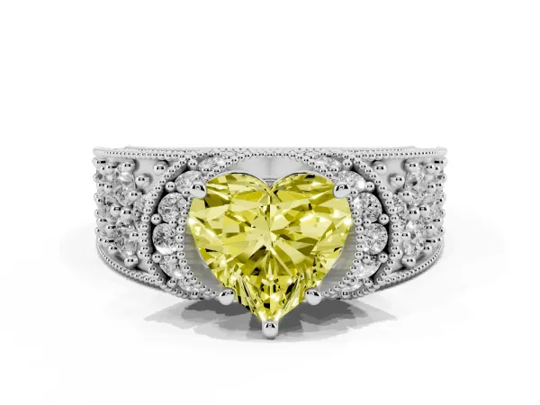 Fancy Yellow Heart Cut Halo Pave Diamond Engagement Ring with Milgrain Detailing Platinum