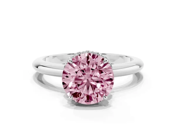 Fancy Pink Round Cut Brilliant Solitaire Engagement Ring with Six-Prong Setting and Classic Band Platinum