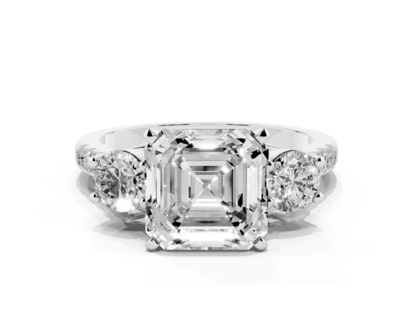 Three-Stone Asscher Cut Diamond Pavé Band with Four-Prong Setting White gold