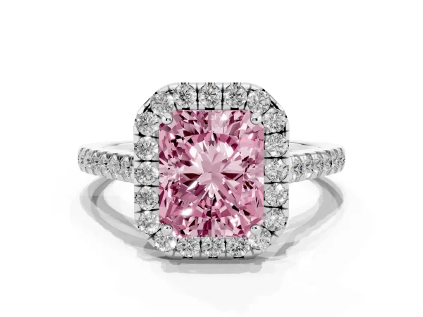 Fancy Pink Radiant Cut Halo Pave Diamond Engagement Ring with Four-Prong Setting Platinum