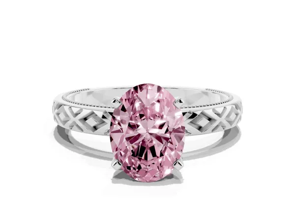 Fancy Pink Oval Cut Solitaire Diamond Ring with Milgrain and Black Enamel X Pattern Band White gold