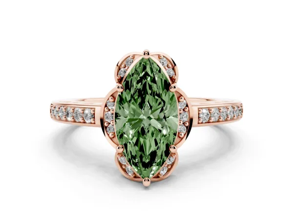 Fancy Green Marquise Cut Cut Halo Diamond Ring with Channel Set Band and Four-Prong Setting Rose gold
