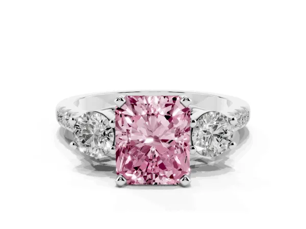 Fancy Pink Three-Stone Radiant Cut Diamond Pavé Band with Four-Prong Setting White gold